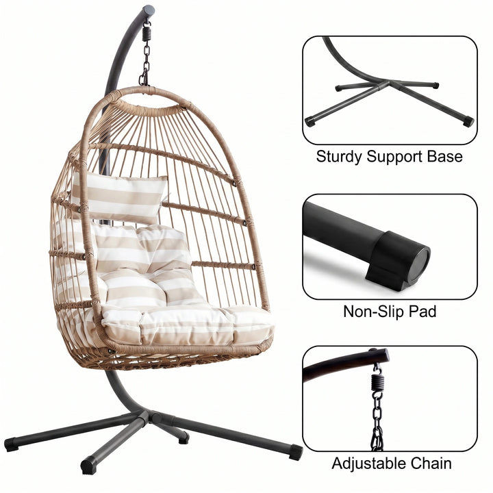 [Natural] Outdoor egg chairs for garden with sturdy support base, non-slip pad, and adjustable chain