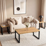 [Oak Effect] Nestline coffee table set styled in living room with side tables on side and coffee table in front of beige sofa
