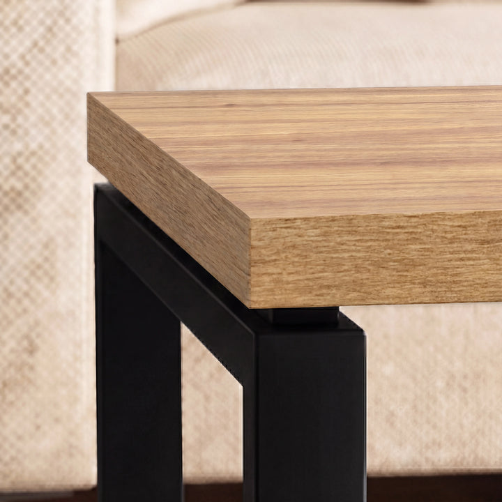 [Oak Effect] Nestline nesting coffee table set close up of thick tabletop corner with black metal legs with connector visible
