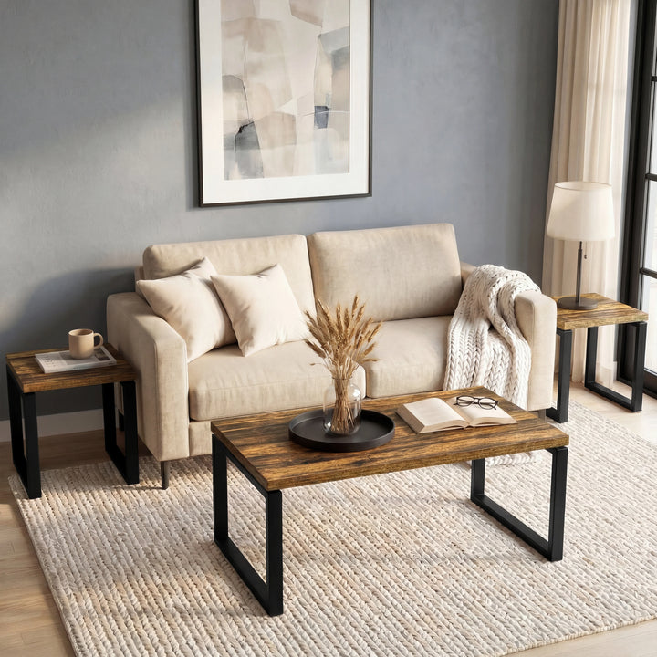 [Rustic] Nestline nesting coffee table set styled in a calm room with beige sofa, wall art, and a pale textured rug