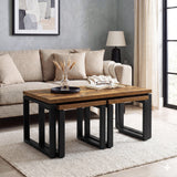 [Rustic] Nestline nesting coffee table set in a soft lounge with cream sofa, framed wall art, rug, and nested side tables