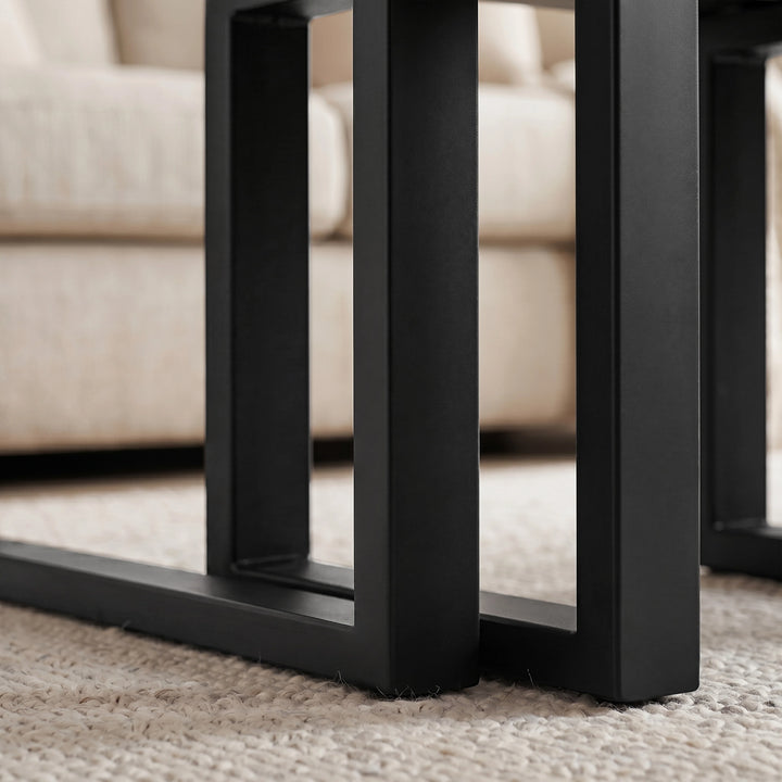 [Rustic] Nestline nesting coffee table set detail with nested frame with black metal legs aligned beneath the large table