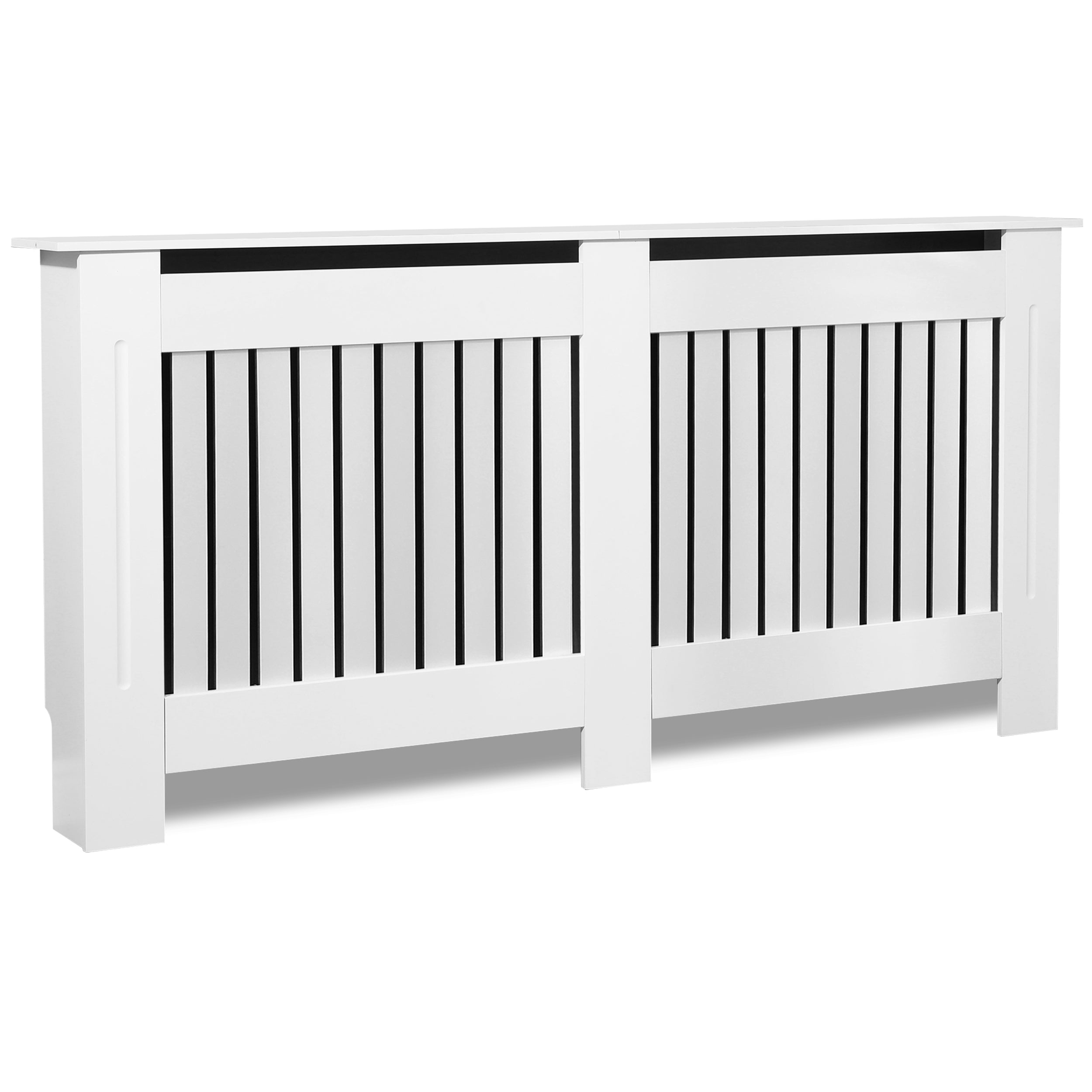 New grey radiator covers with modern slatted design for pipes and heating systems.