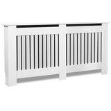 New grey radiator covers with modern slatted design for pipes and heating systems.