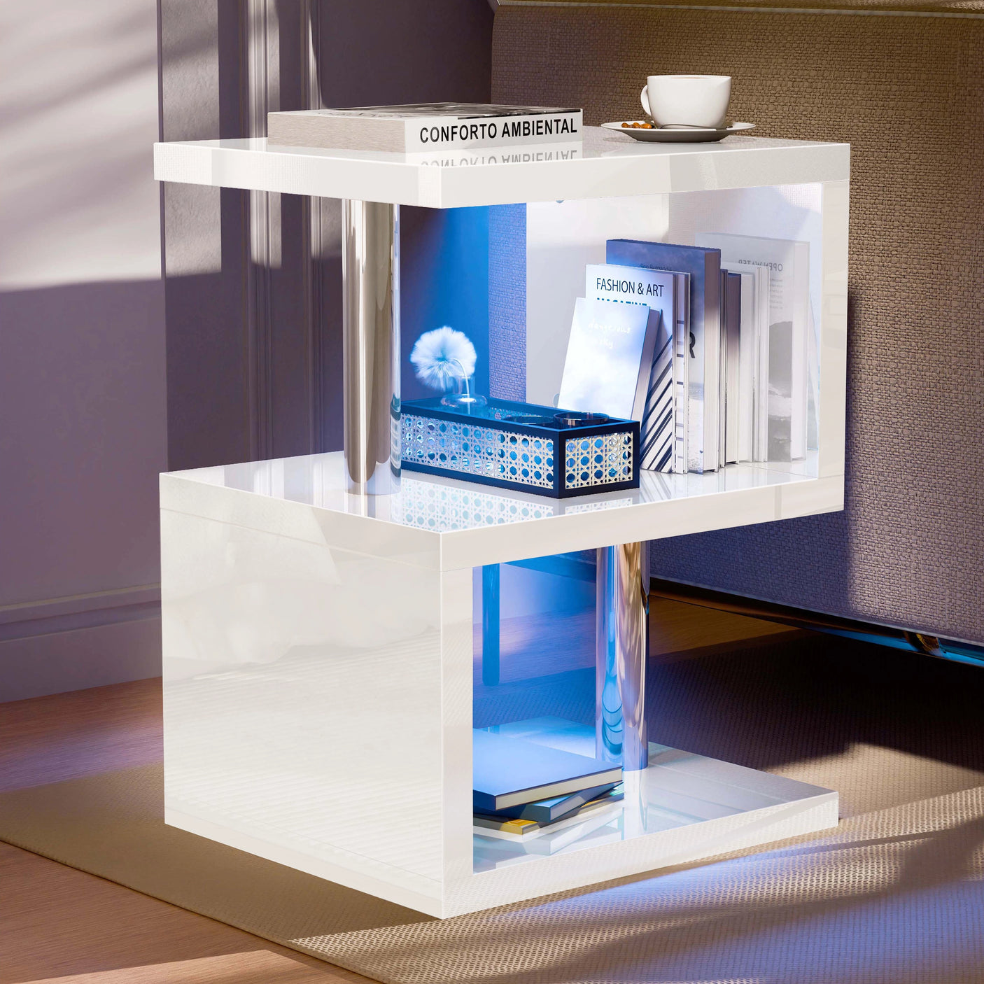 High Gloss Sofa Side Table With LED