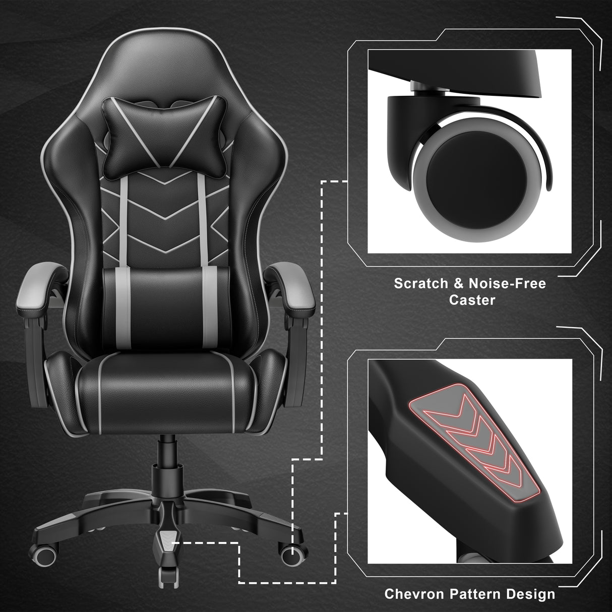 Noise-free caster gaming chair with smooth, quiet wheels for an uninterrupted gaming experience.