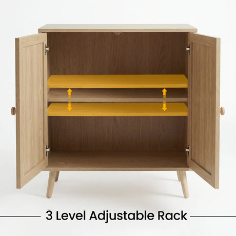 [Oak Effect] 2 door sideboard cabinet with open doors showing a 3-level adjustable rack on a white background