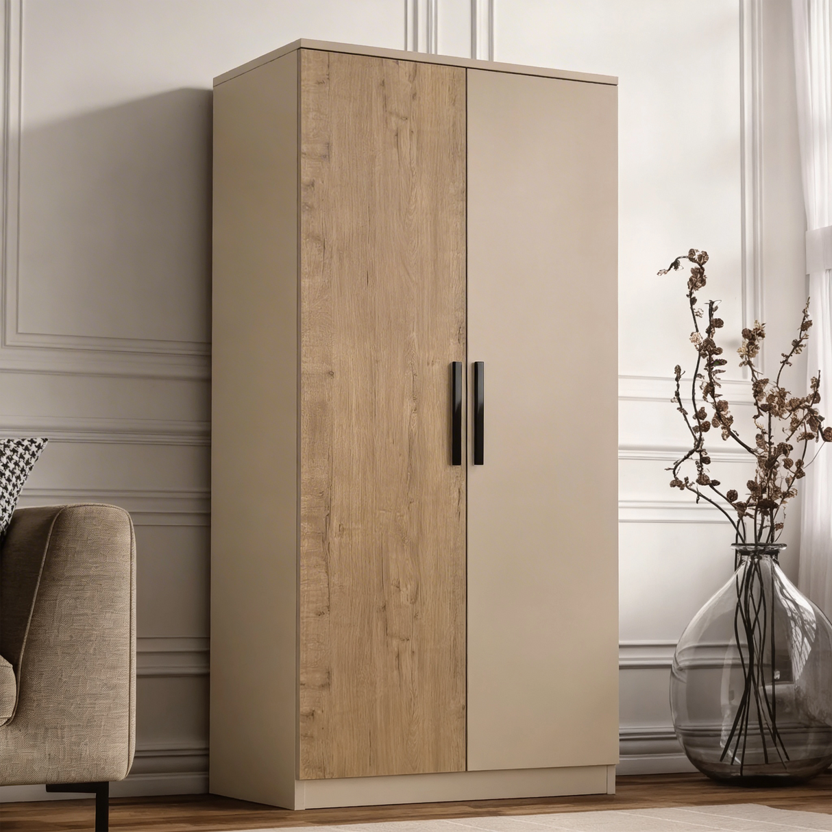 [Oak+Cashmere] two door wardrobe positioned in room with light wood panels and black wooden handles