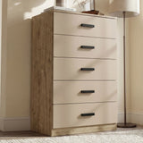 [Oak+Cashmere] five drawer chest styled in bright interior with wooden handles and soft decor
