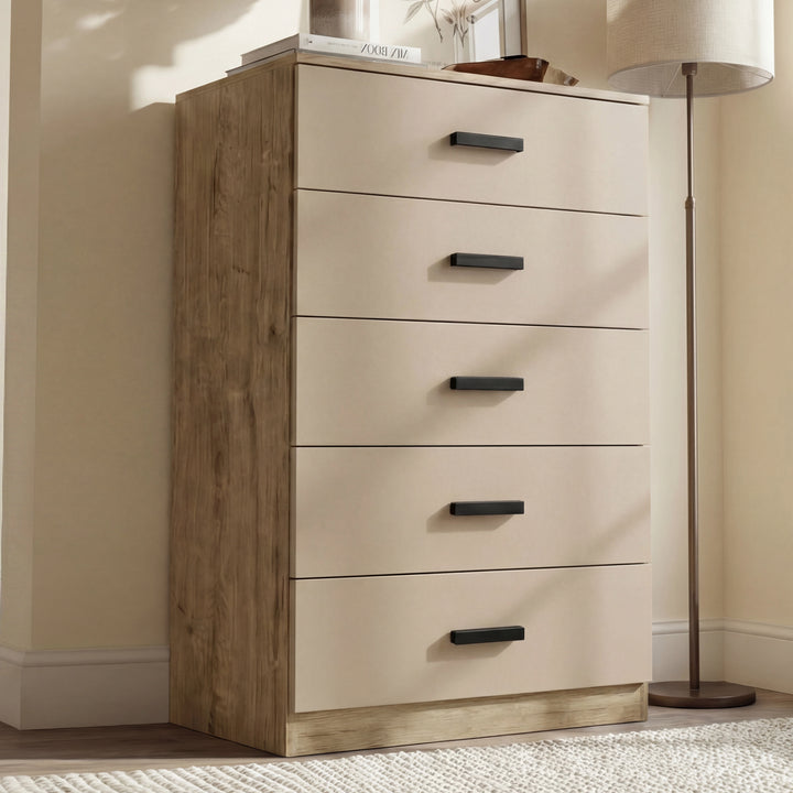 [Oak+Cashmere] five drawer chest styled in bright interior with wooden handles and soft decor