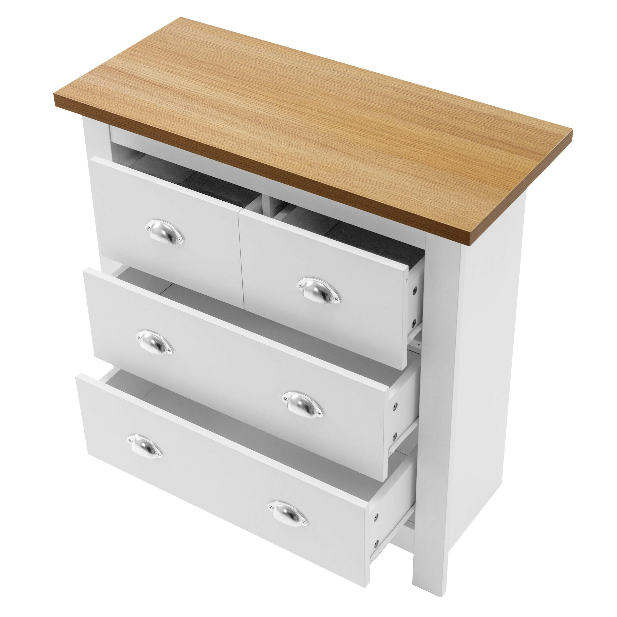 Oak and white chest of drawers with open compartments, stylish bedroom storage unit.