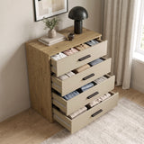 [Oak+Cashmere] Angled top view of an oak and beige chest of drawers showing all 4 drawers pulled open with stored clothing items