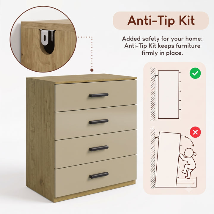 [Oak+Cashmere] Oak and beige 4-drawer chest featuring anti-tip safety wall attachment kit for tipping prevention in home spaces