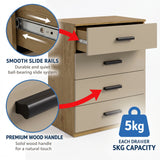 [Oak+Cashmere] Feature diagram showing smooth slide rails, solid wood handles, and 5kg weight capacity per drawer on oak beige chest