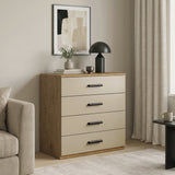 [Oak+Cashmere] Oak frame 4-drawer chest with beige drawers styled next to a cream armchair and table lamp in a living room