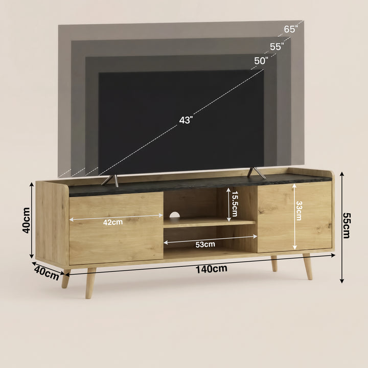 [Oak+Black] TV unit dimension diagram 140cm width, 40cm depth, 55cm height with 42cm cabinets and 53cm central shelf