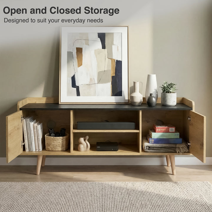 [Oak+Black] TV unit with both side cabinet doors open showing books and woven basket inside left and right compartments