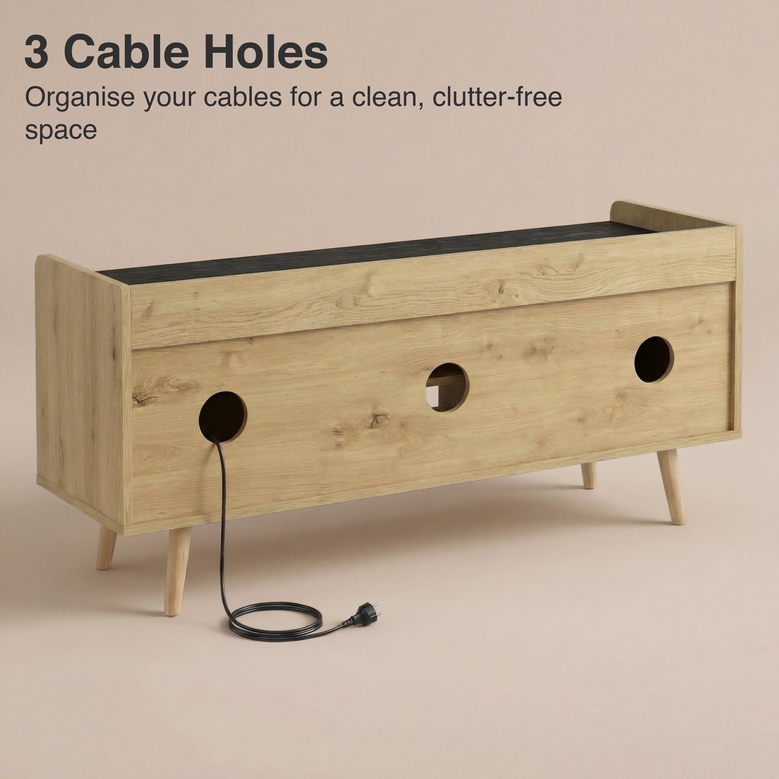 [Oak+Black] Rear of TV unit showing three round cable cut outs with black power cable threaded through middle hole