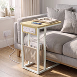 [Oak] C-shaped side table by sofa with oak-effect top, socket panel, beige pouch and sofa base