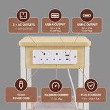 [Oak] Power graphic: 2 AC outlets 220-250V, USB-A/C 5V, 150cm cord length, 13 amp Max current, and BS 1363/A certified plug