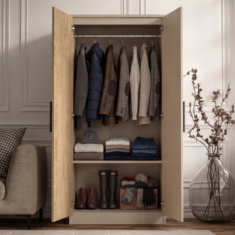 [Oak+Cashmere]  two door plain wardrobe interior with hanging rail section and base shelf storage