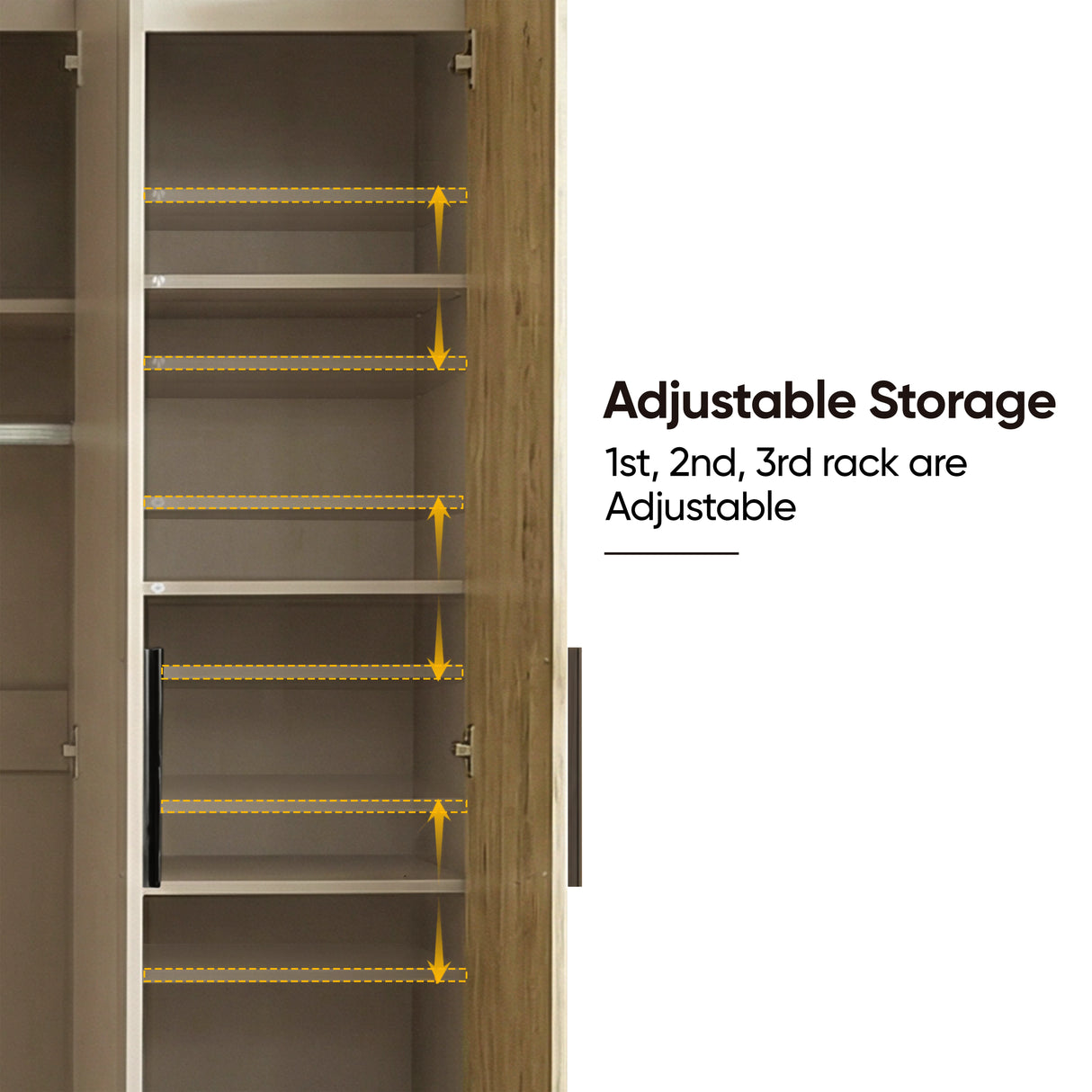 [Oak+Cashmere] Interior view of a oak cashmere 3-door wardrobe highlighting adjustable storage with three movable interior racks
