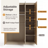 [Oak+Cashmere] Adjustable shelf diagram showing movable shelves, fixed lower shelf, and dashed height markers