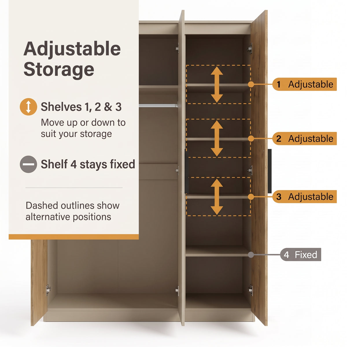 [Oak+Cashmere] Adjustable shelf diagram showing movable shelves, fixed lower shelf, and dashed height markers