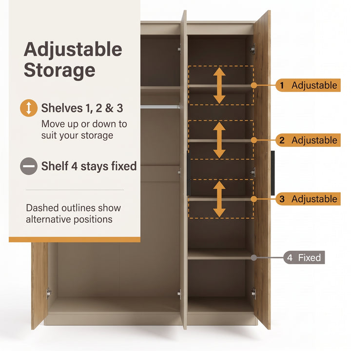 [Oak+Cashmere] Adjustable shelf diagram showing movable shelves, fixed lower shelf, and dashed height markers