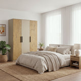 [Oak+Cashmere] Bedroom lifestyle view with closed three door wardrobe beside a bed, window curtains, and nightstand