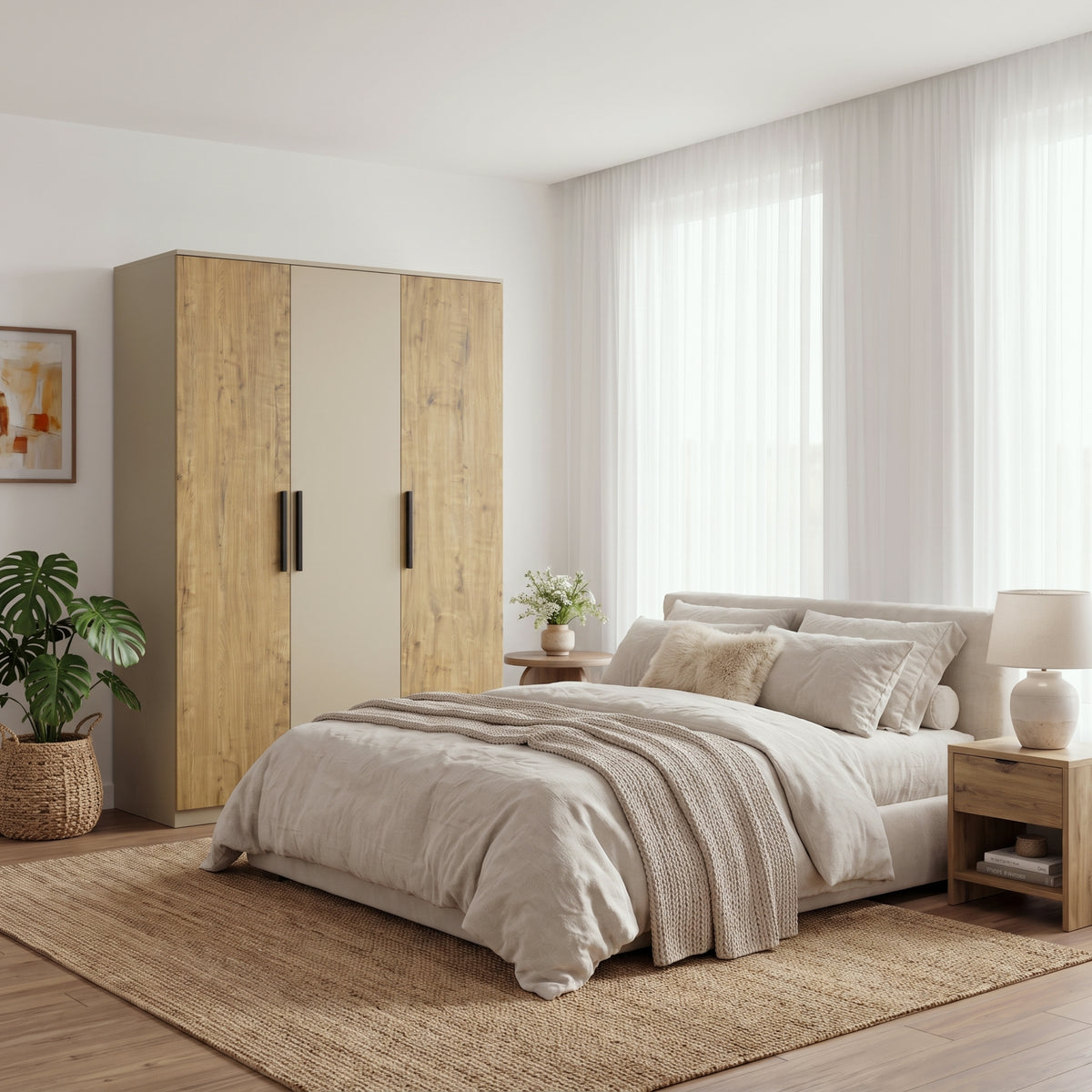 [Oak+Cashmere] Bedroom lifestyle view with closed three door wardrobe beside a bed, window curtains, and nightstand