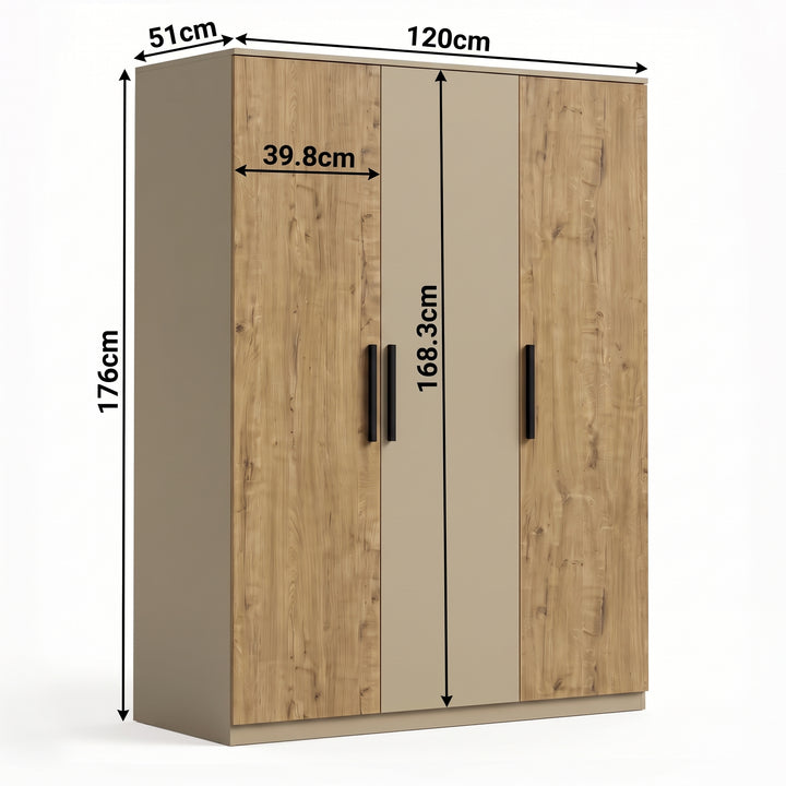 [Oak+Cashmere] Dimension diagram showing 120cm width, 176cm height, 51cm depth, and interior measurements