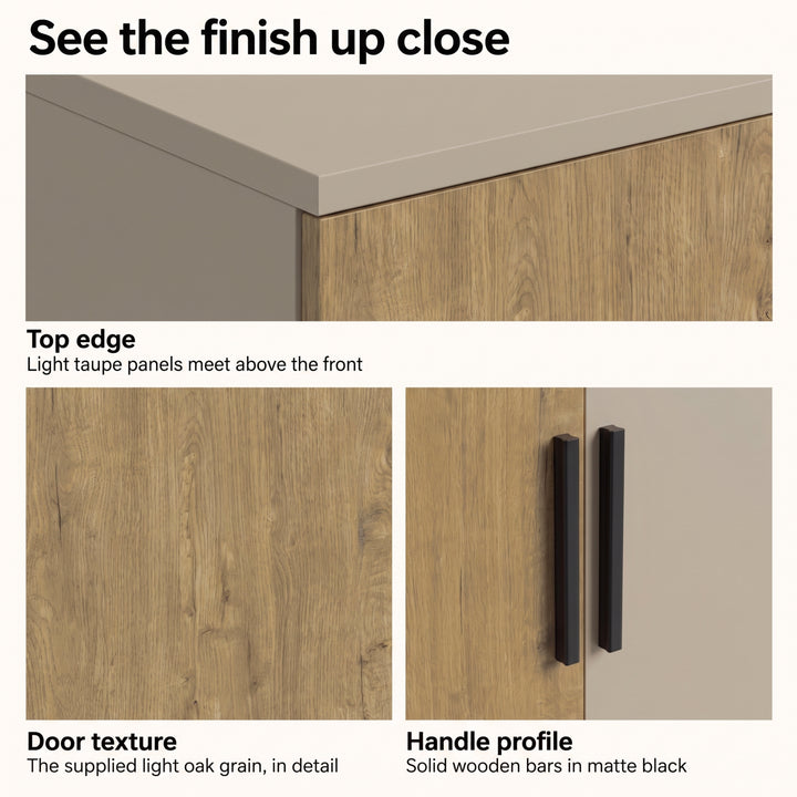 [Oak+Cashmere] Finish detail collage showing top edge, wood grain texture, and black handle profile
