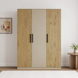 [Oak+Cashmere] Straight front view showing three doors, mixed panel layout, black handles, and low base plinth