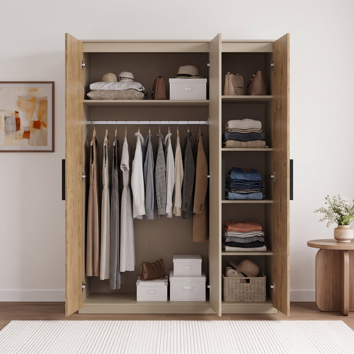 [Oak+Cashmere] Open interior view showing hanging rail, shelf column, folded clothes, storage boxes, and shoes