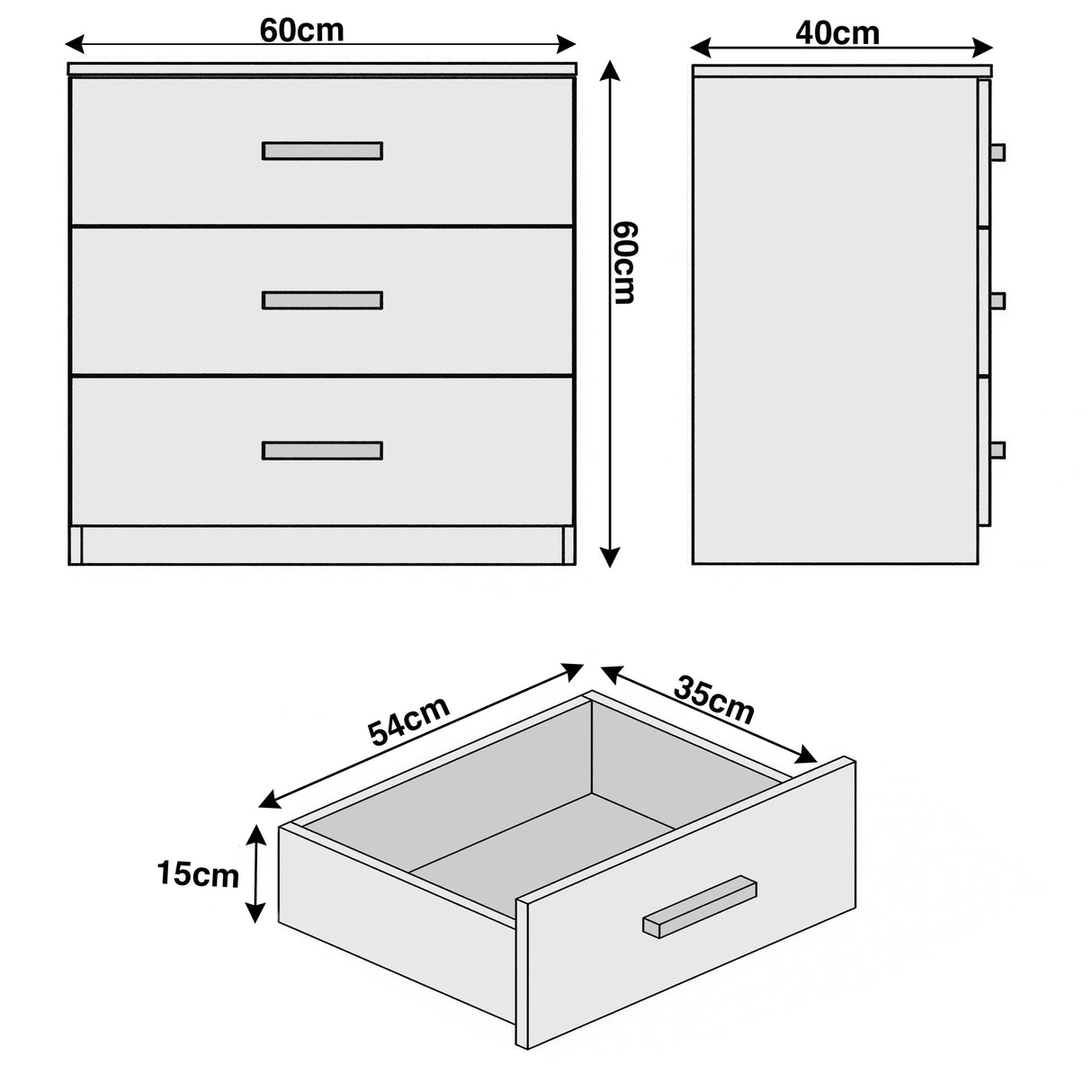 [Oak + Cashmere] Front view of white bedroom drawers' dimensions and details