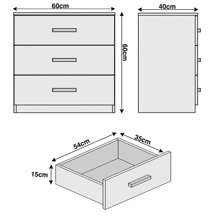 [Oak + Cashmere] Front view of white bedroom drawers' dimensions and details