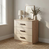 [Oak + Cashmere] three drawer chest placed in a room with contrasting sides and soft front panels