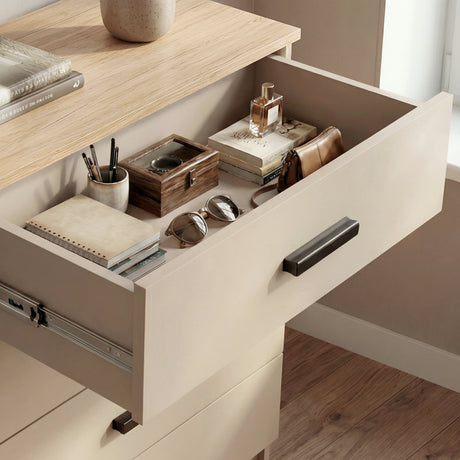 [Oak+Cashmere] Close view of oak and cashmere drawer interior showing usable storage space and smooth inner finish
