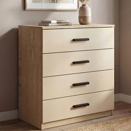 [Oak+Cashmere] four drawer chest styled in neutral interior with soft lighting and wooden handles