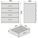 [Oak+Cashmere] Dimension diagram of oak cashmere four drawer chest with labelled height 78.5 cm, width 70 cm, depth 40 cm ,and drawer sizes