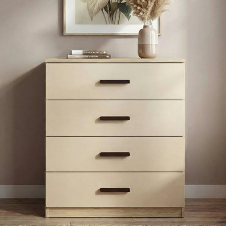 [Oak+Cashmere] Front view of oak and cashmere four-drawer chest with flat drawer fronts and wooden bar handles
