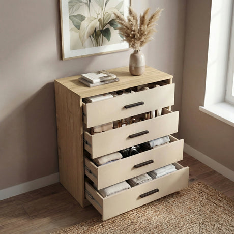 [Oak+Cashmere]  four drawer chest shown at angle with drawers open, revealing storage depth and layout