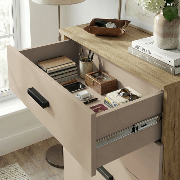 [Oak+Cashmere] Close view of oak and cashmere drawer interior showing organised storage space and smooth finish