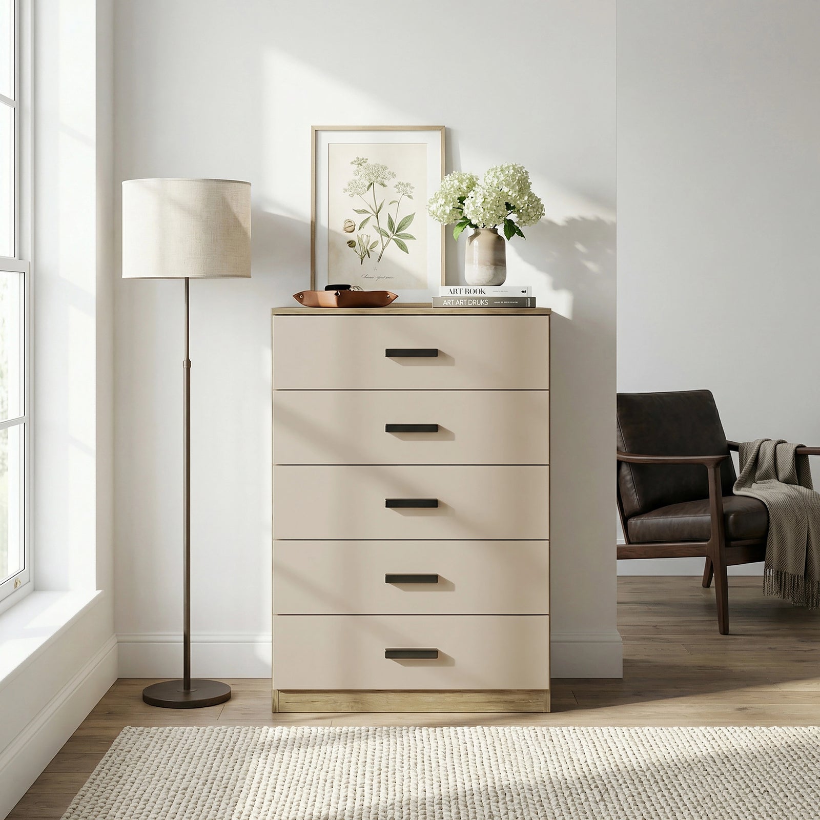 [Oak+Cashmere] Front view of oak and cashmere five drawer chest with flat drawer fronts and wooden bar handles