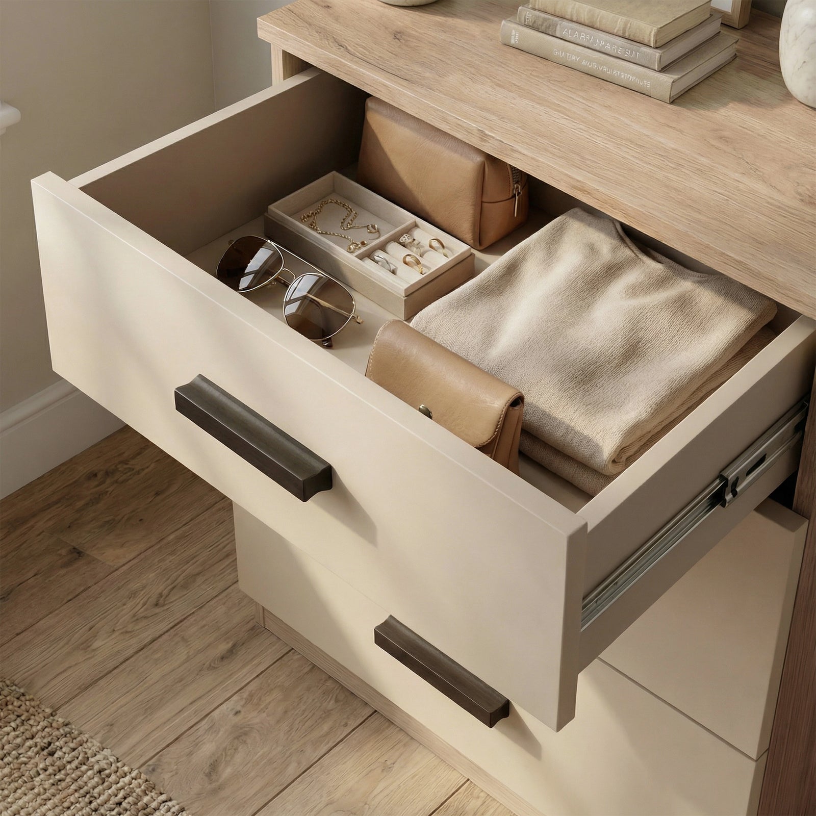 [Oak + Cashmere] Open drawer of oak and cashmere unit revealing internal storage space and runner mechanism detail