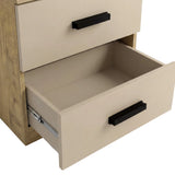 Close view of oak cashmere bedside table drawer interior front with wooden black handle and smooth finish