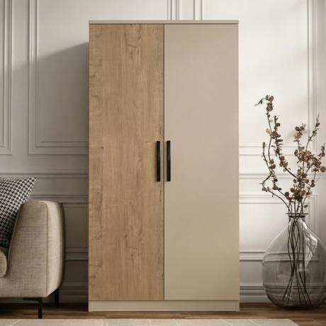 [Oak+Cashmere]  double door wardrobe front elevation with smooth dual tone finish placed against a wall in a neutral decor