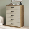 [Oak+Cashmere] Angled view of the Oak Cashmere Tall 5 Drawer Chest with cashmere drawers and black handles.