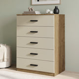 [Oak+Cashmere] Angled view of the Oak Cashmere Tall 5 Drawer Chest with cashmere drawers and black handles.